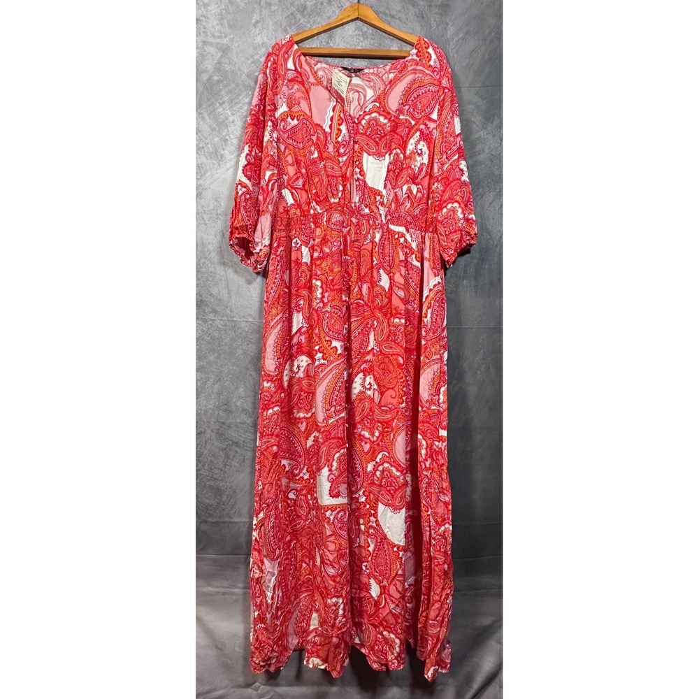 Cheztu Maxi‎ Dress Womens 22W Red White Paisley Cinch Waist V-Neck Button Front